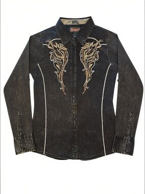 Cowgirl Core Women's Black Button-Down Shirt w/ Gold Embroidery & Sequins